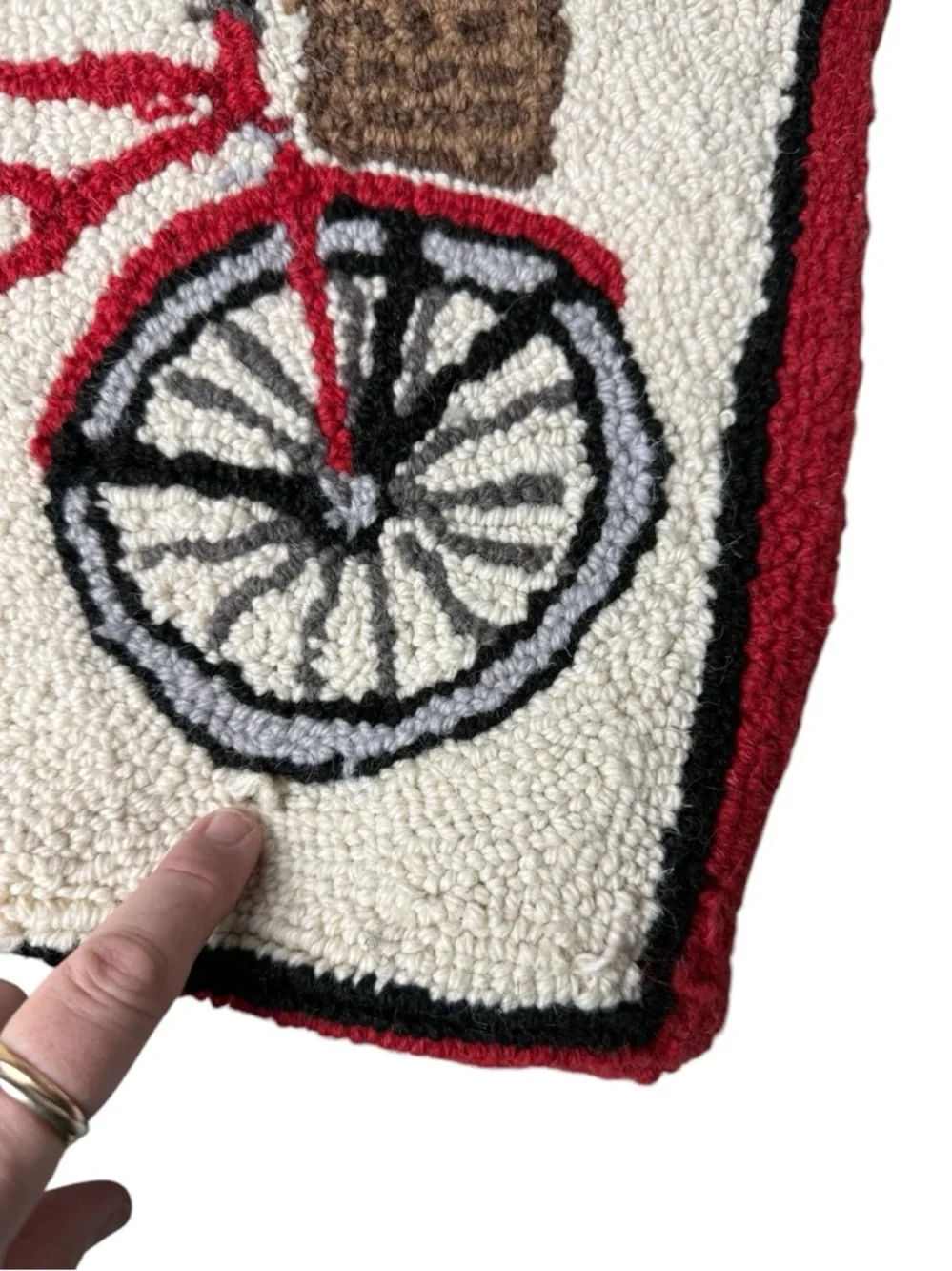 Red Bicycle Hooked Accent Pillow Cover with Cream Background